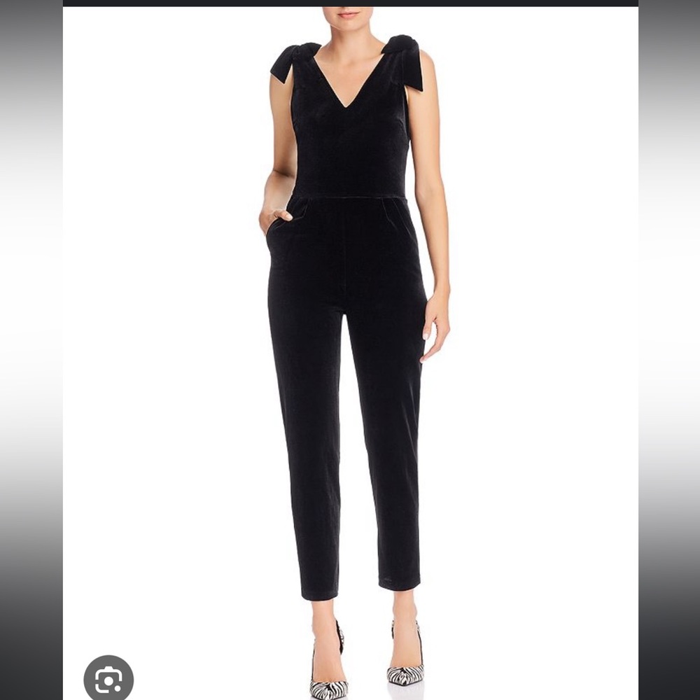 NWT: Aqua black velvet cropped jumpsuit with bow shoulders